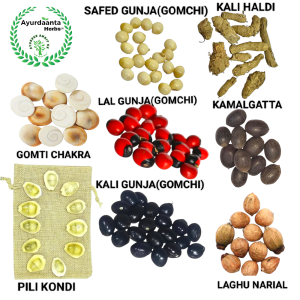 Ayurdaanta Herbs - Pili laxmi Kodi 11 | Gomti Chakra 11 | Kali Haldi 11 | Safed , Lal , Kali Gunja 11 (Gomchi / Chirmi ) | Kamalgatta 11 | Laghu Nariyal 11- Special Combo For Laxmi Pujan